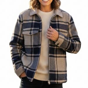 [H&M] Plaid Wool-Blend Shacket Beige and Navy Zip Up Medium